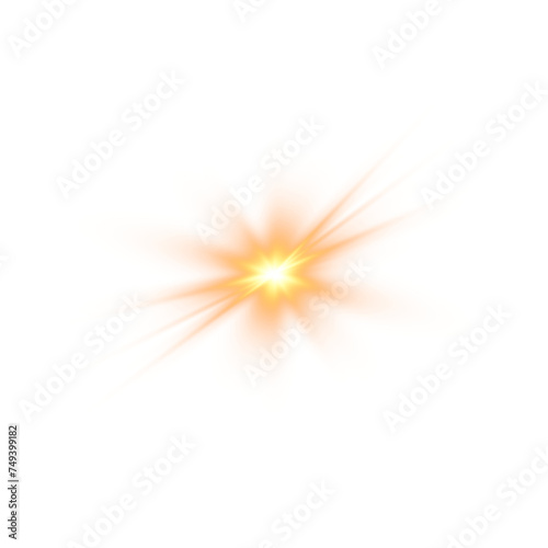 Golden star light flashes and sparkles. Sun light beam and starlight with lens flare effect  glittering comet trail and twinkling glitter light. PNG.