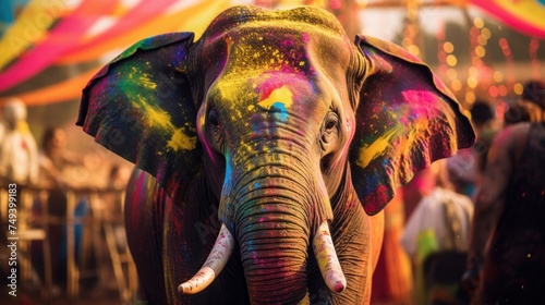 Decorated elephants at the annual Elephant Festival in India covered in Holi colors. Holi Festival. Travel.