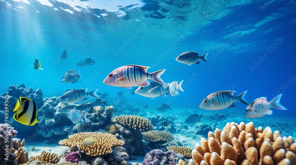 Naklejka premium Group of coral fish blue water