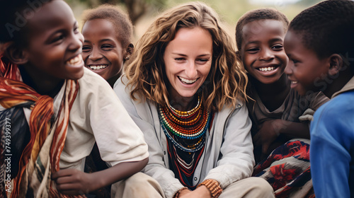 Happy African children with a white woman, looking at the camera