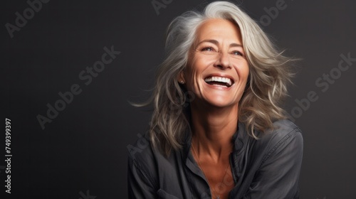 Elegant senior woman Elderly Gray-haired beautiful woman laughing and smiling Older woman with healthy face and white teeth