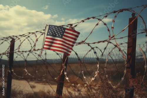Fence that separates the American border, coiled barbed wire, national flag