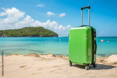 Vibrant modern suitcase on beach with space for text conceptualizing travel and tourism