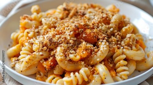 Comforting fusilli pasta mixed with sweet butternut squash and topped with crumbled toppings, served in a white bowl for a homely feel.