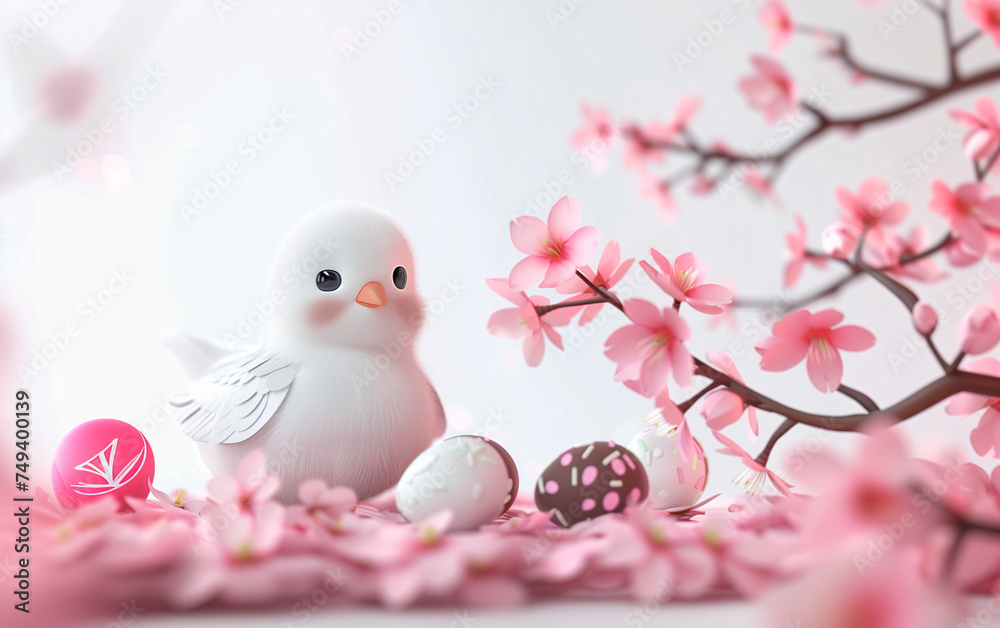 little easter dove with easter eggs and cherry blossom, easter illustration