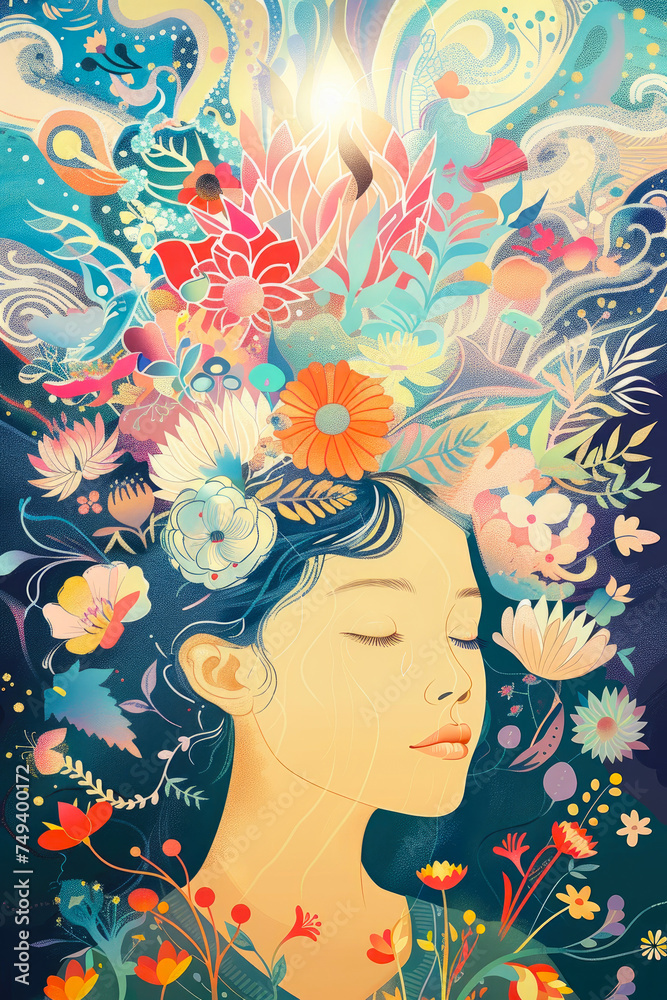 Illustration of a woman armed with blooming flowers, shining light. Concept of achievement, success and positive relationships.