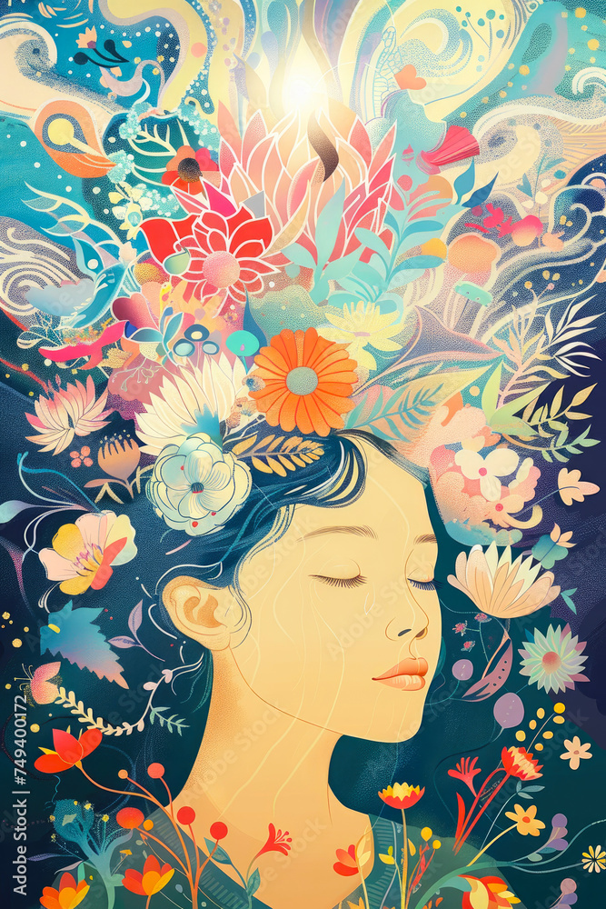 Illustration of a woman armed with blooming flowers, shining light. Concept of achievement, success and positive relationships. Illustration of a woman armed with blooming flowers, shining light. Concept of achievement, success and positive relationships.