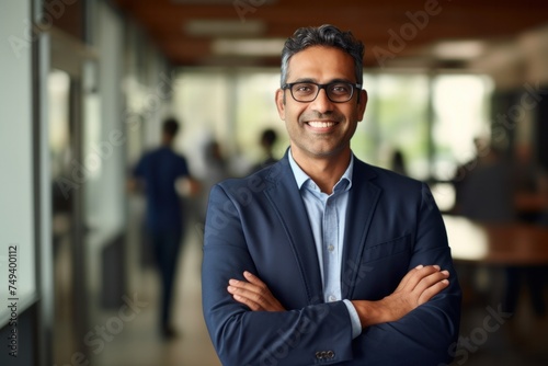 indian confident mature businessman leader looking at camera standing in office at team meeting. Male corporate leader ceo