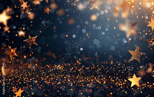 A mesmerizing display of golden stars sparkling against a dark blue background, creating a festive, magical atmosphere.