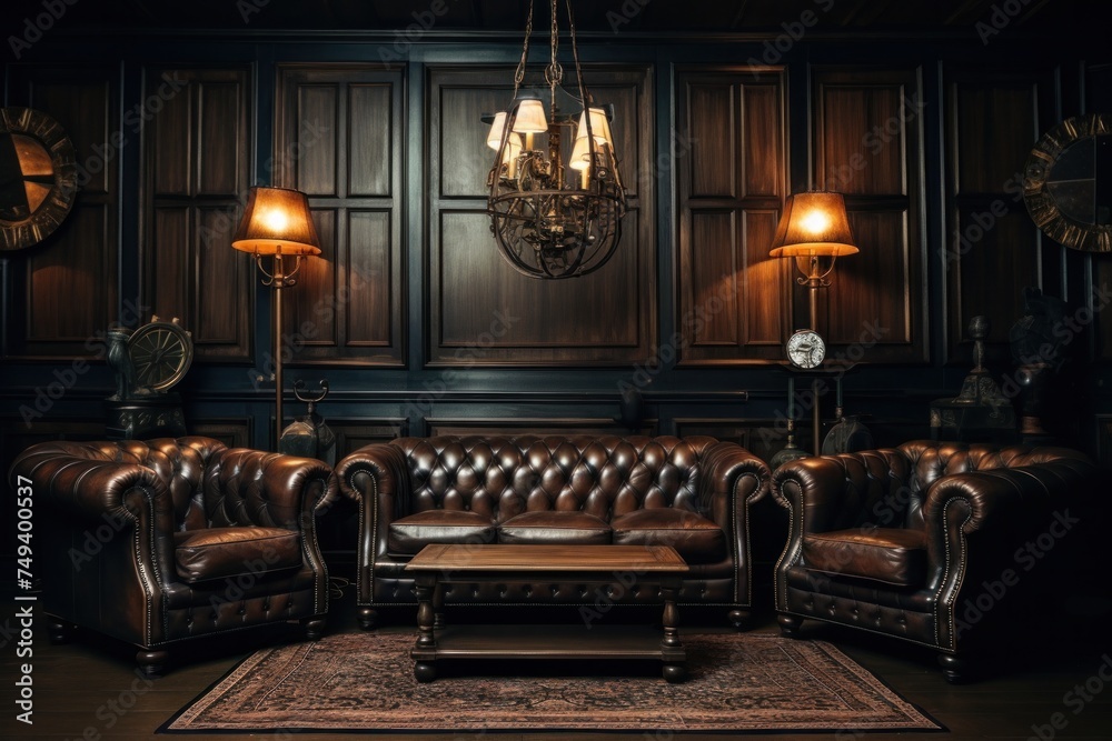 Naklejka premium vintage interior with leather sofa, wooden table and ceiling lamp. Black tone