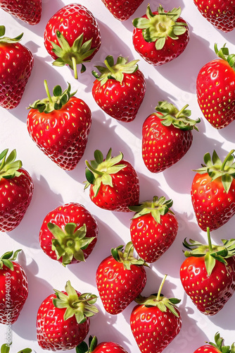 Fresh strawberries arranged in a pattern on white surface under the sun