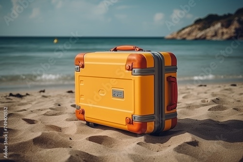 Vibrant modern suitcase with wheels on sunny beach  travel and tourism conceptualization