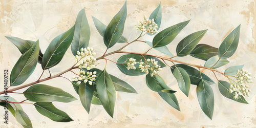 Botanical painting of eucalyptus leaves and flowers on a soft beige background, natureinspired artwork for design and decoration