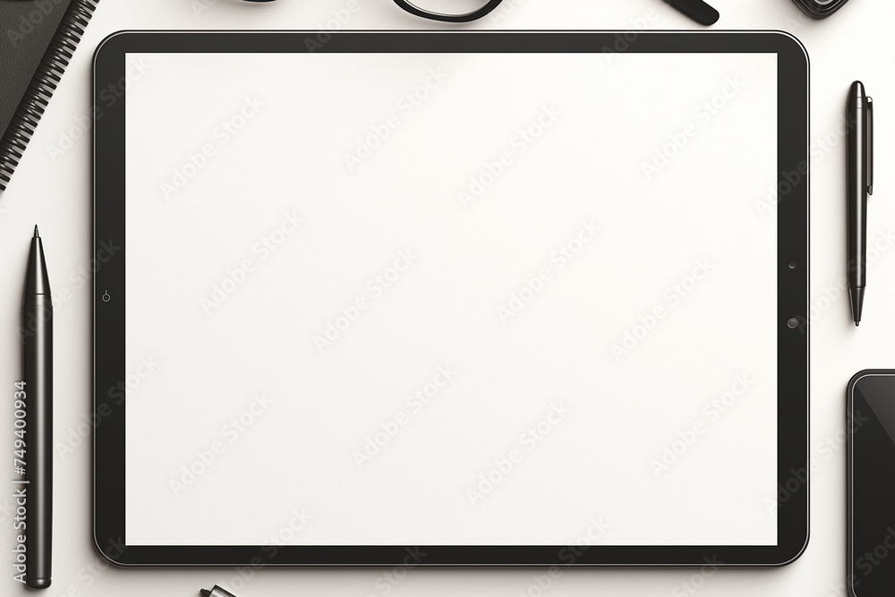Tablet PC with Pen on White Background top view of modern digital tablet with blank screen isolated on white background - obrazy, fototapety, plakaty 