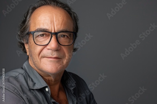 Portrait of an adult businessman wearing glasses on a gray background. Happy senior Latino man looking at camera isolated over gray wall. © ORG