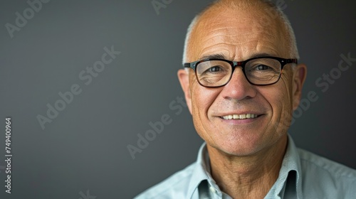 Portrait of an adult businessman wearing glasses on a gray background. Happy senior Latino man looking at camera isolated over gray wall.