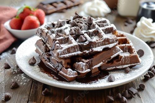 Stack of chocolate waffles with strawberries photo