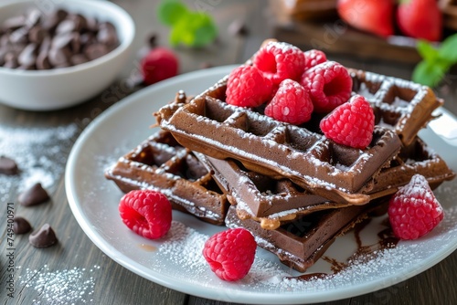 Stack of chocolate waffles with strawberries © STOCKAI