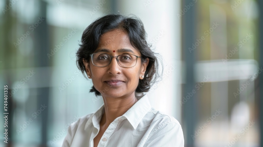 Indian businesswoman wearing a shirt and standing outside a meeting room Portrait of happy businesswoman wearing glasses Indian businesswoman wearing a shirt and standing outside a meeting room Portrait of happy businesswoman wearing glasses