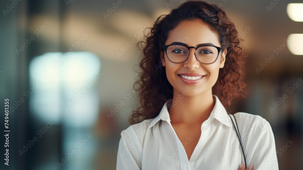 Indian businesswoman wearing a shirt and standing outside a meeting room Portrait of happy businesswoman wearing glasses Indian businesswoman wearing a shirt and standing outside a meeting room Portrait of happy businesswoman wearing glasses