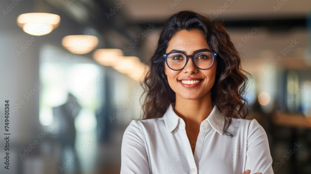 Indian businesswoman wearing a shirt and standing outside a meeting room Portrait of happy businesswoman wearing glasses Indian businesswoman wearing a shirt and standing outside a meeting room Portrait of happy businesswoman wearing glasses