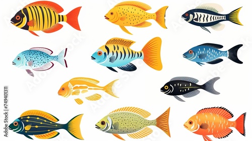 Tropical fish collection on white background