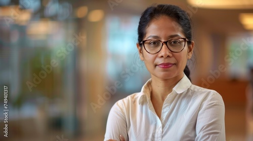 Indian businesswoman wearing a shirt and standing outside a meeting room Portrait of happy businesswoman wearing glasses