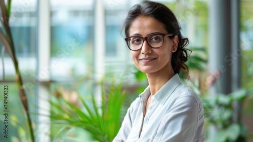 Indian businesswoman wearing a shirt and standing outside a meeting room Portrait of happy businesswoman wearing glasses