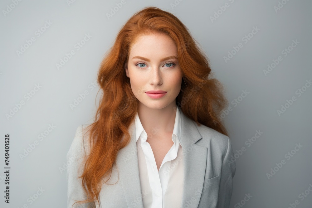 happy beautiful businesswoman smiling and standing isolated on white background in grey suit. Young female redhead girl