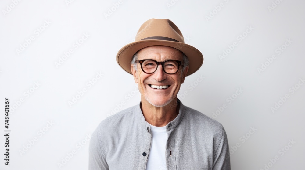 Mature man smiling on white background Stylish man wearing glasses and hat Mature man smiling on white background Stylish man wearing glasses and hat