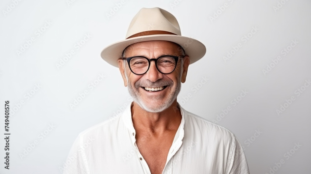 Mature man smiling on white background Stylish man wearing glasses and hat