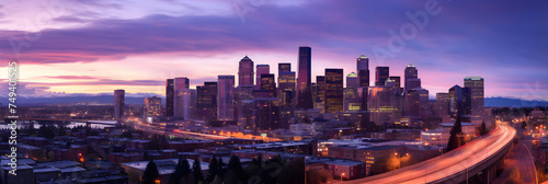 Elevated View of Illuminated Cityscape Against Purple Sky at Dusk - Urban Life Melds with Nature