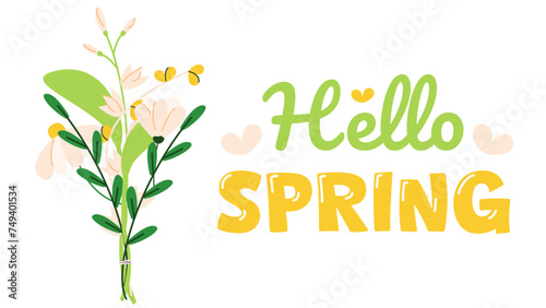 Flat vector illustration logo Hello spring. Lettering spring season with bouquets of flowers for greeting card, invitation template.