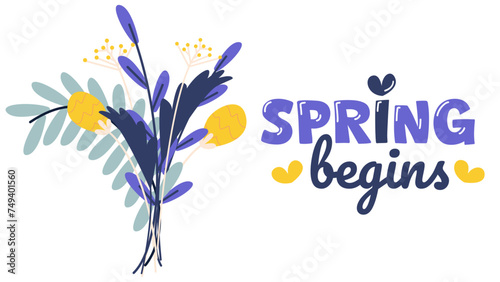 Flat vector illustration logo Hello spring. Lettering spring season with bouquets of flowers for greeting card, invitation template.