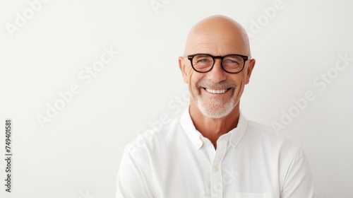 Mature man smiling on white background Stylish man wearing glasses and hat photo