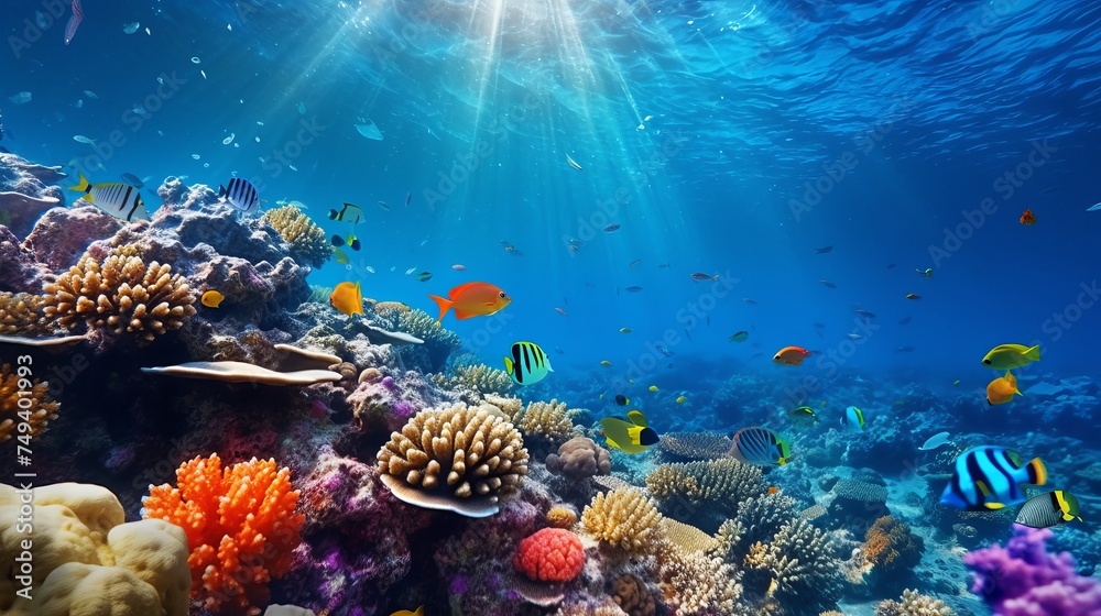Underwater coral reef landscape background  in the deep blue ocean with colorful fish and marine life