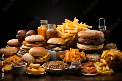 a table adorned with an assortment of ultra processed junk food, showcasing their high caloric content and nutritional emptiness