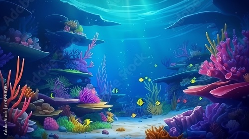 Underwater coral reef landscape background  in the deep blue ocean with colorful fish and marine life © Elchin Abilov