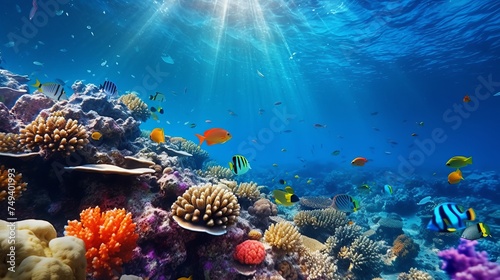 Underwater coral reef landscape background  in the deep blue ocean with colorful fish and marine life photo