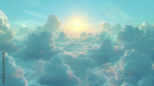 fluffy white clouds against a blue sky. The sun is shining brightly in the center of the scene.