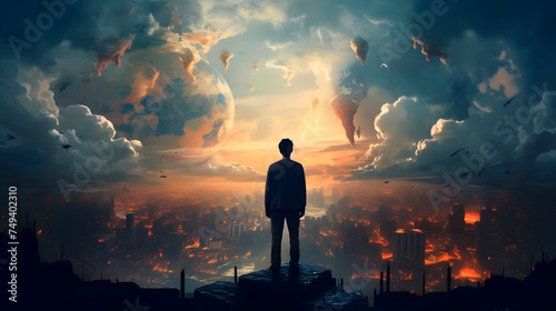 man in suit looking at the world, world connectivity, globalization concept photo