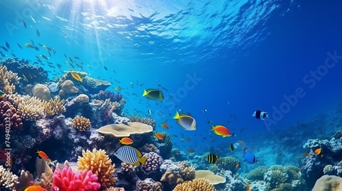 Underwater coral reef landscape wide panorama background in the deep blue ocean with colorful fish and marine life