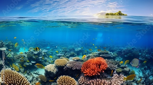 Underwater coral reef landscape wide panorama background  in the deep blue ocean with colorful fish and marine life © Elchin Abilov