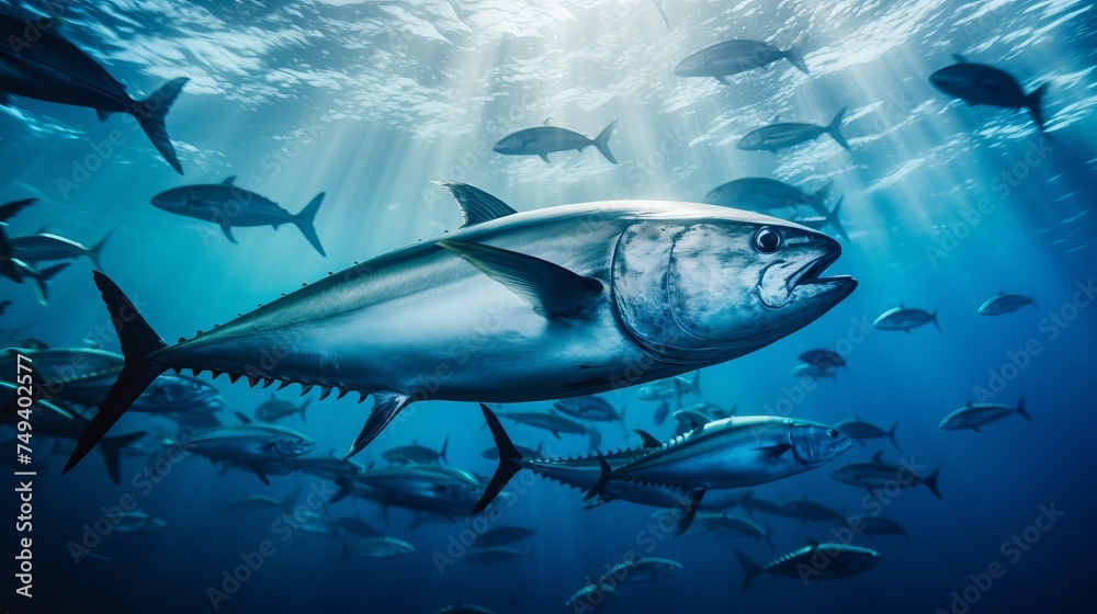 Fototapeta premium Underwater Image of School of Dogtooth Tuna Fish in the Sea