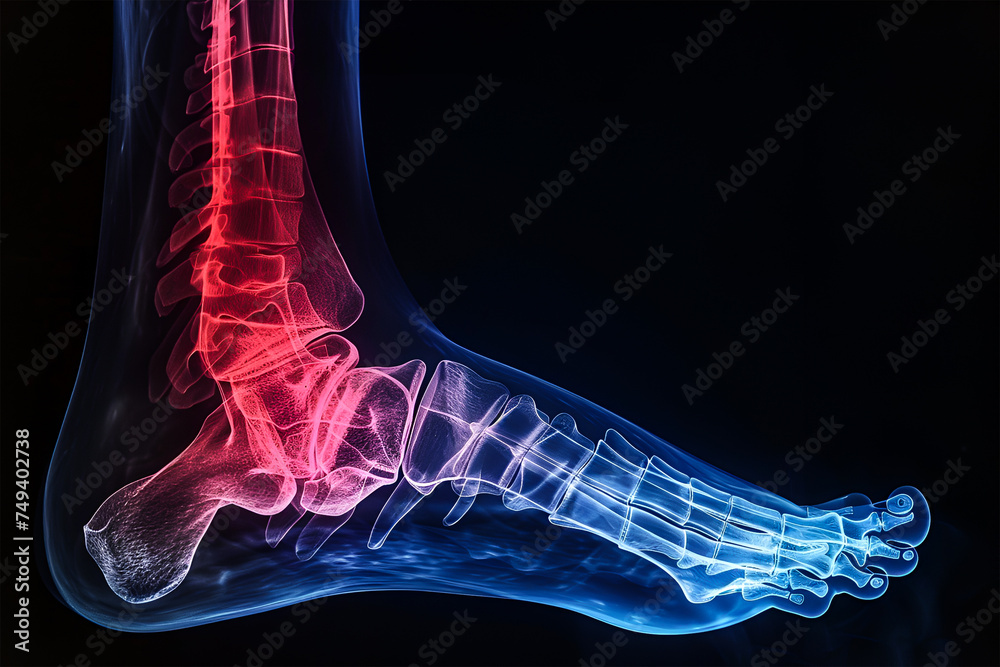 A human x-ray image of a foot. Pain in legs. 3D Rendering. A human x-ray image of a foot. Pain in legs. 3D Rendering.