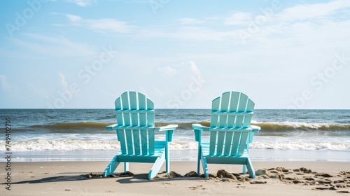Fototapeta Naklejka Na Ścianę i Meble -  Serenity beach scene with two empty lounge chairs by the ocean, relaxation concept