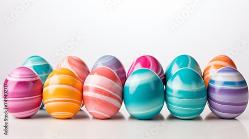 Bright colorful beautiful glossy watercolor striped painting set of easter eggs on white