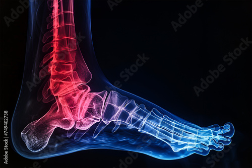 A human x-ray image of a foot. Pain in legs. 3D Rendering.