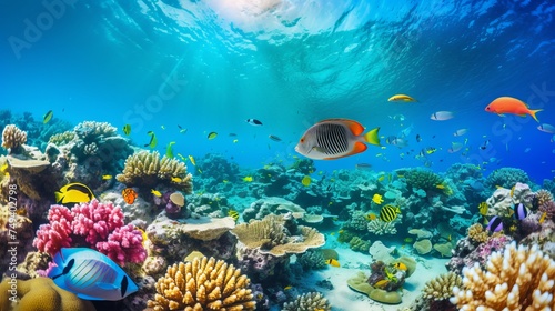 Underwater panorama with turtle  coral reef and fishes. Red Sea  Egypt