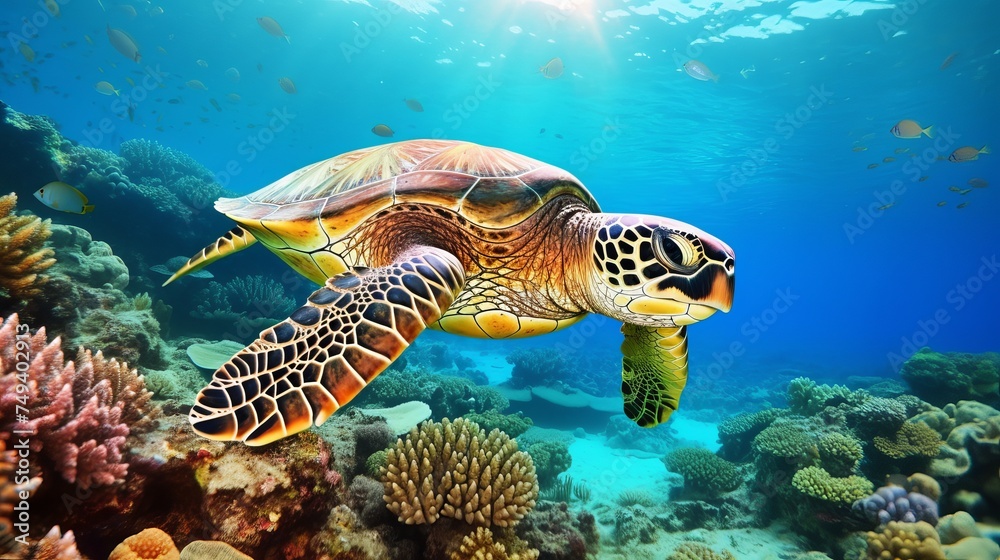 Obraz premium Underwater panorama with turtle, coral reef and fishes. Red Sea, Egypt